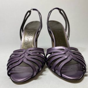 Salvatore Ferragamo Authentic Morgana Acm Purple Metallic Leather Heels, 7.5 B